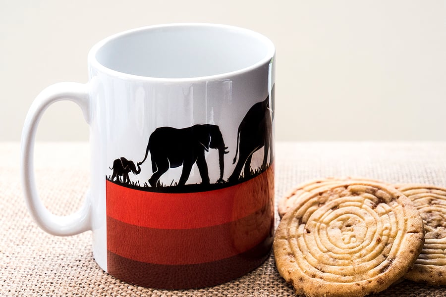 Elephant Family Coffee Mug with African Wild Animals Wildlife for Nature Lovers.