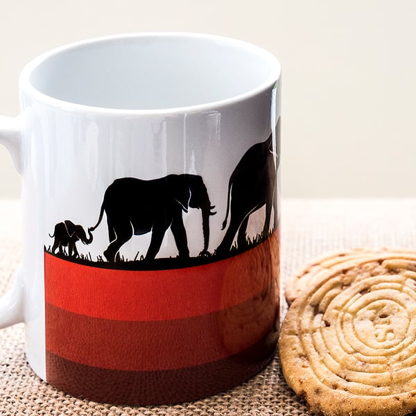 Elephant Family Coffee Mug with African Wild Animals Wildlife for Nature Lovers.