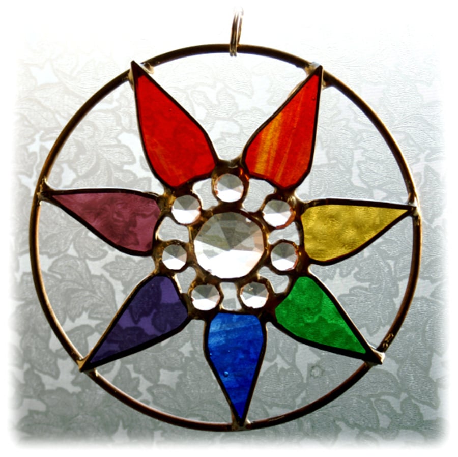 Rainbow Diamond Heart Ring Suncatcher Stained Glass Handmade 