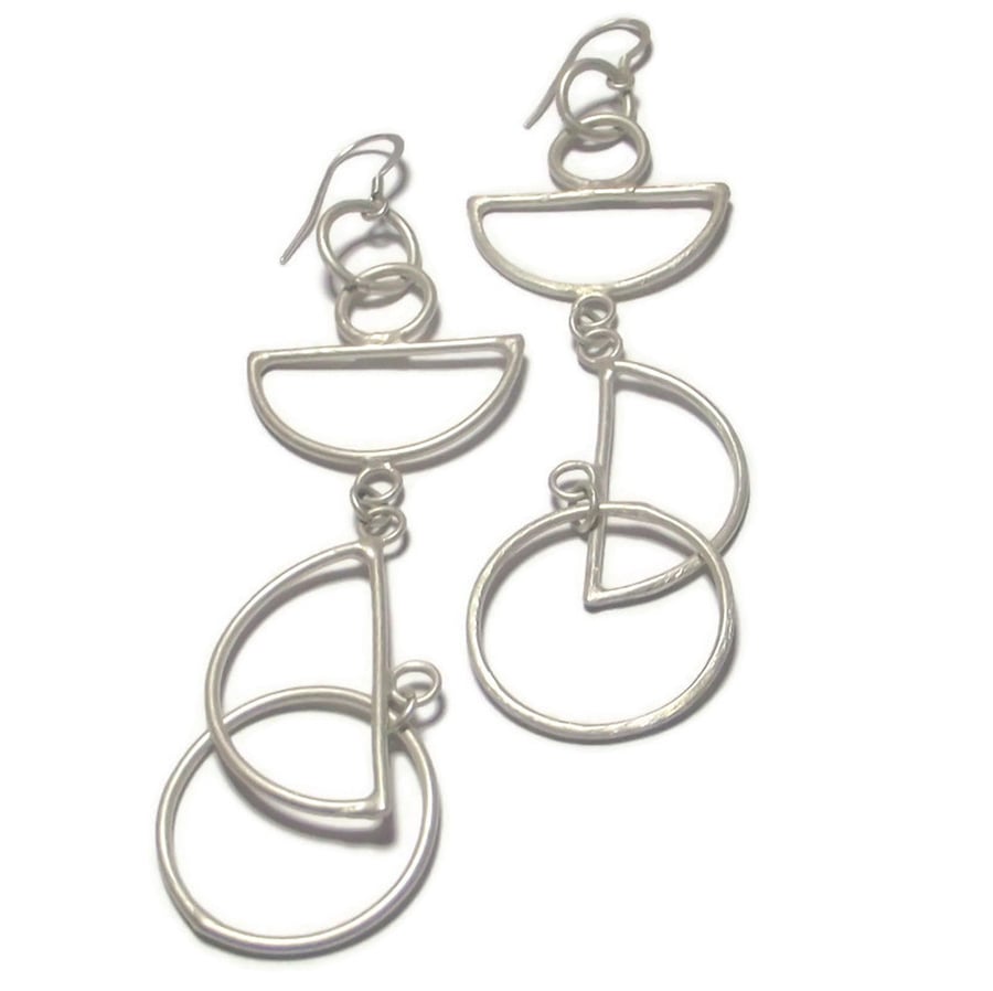 Sterling silver geometric dangle earrings - long silver handmade earrings