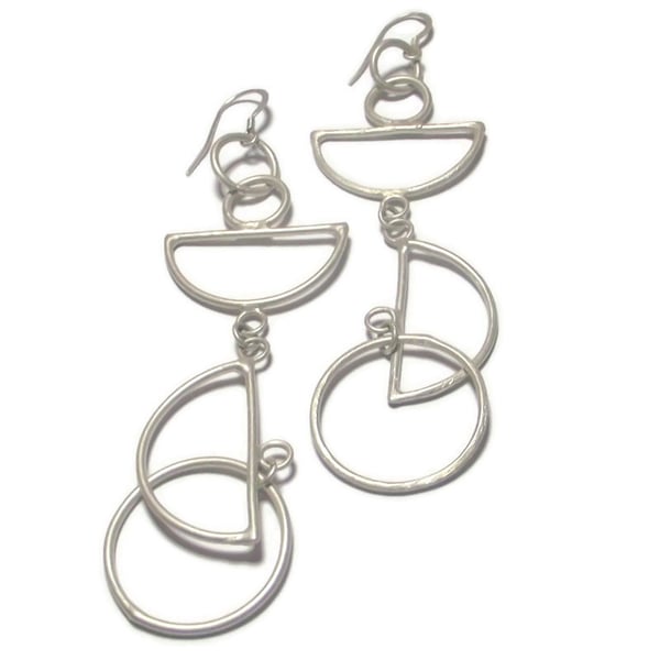 Sterling silver semi circle dangle earrings - geometric shape drop earrings