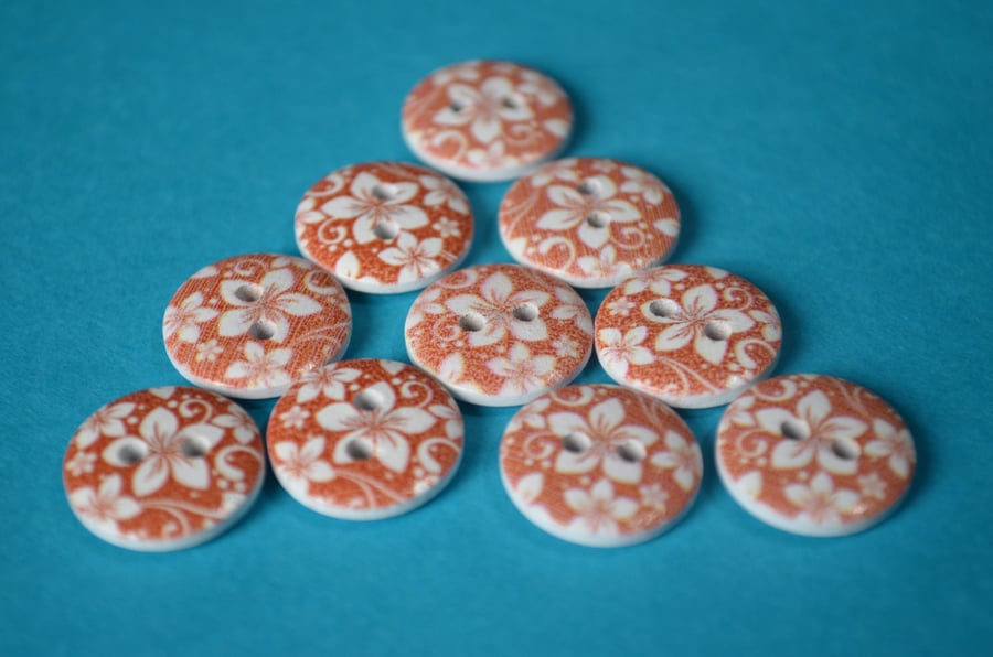 15mm Wooden Floral Buttons Hawaiian Burnt Orange & White 10pk Flowers (SF39)