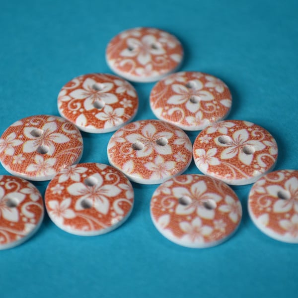 15mm Wooden Floral Buttons Hawaiian Burnt Orange & White 10pk Flowers (SF39)