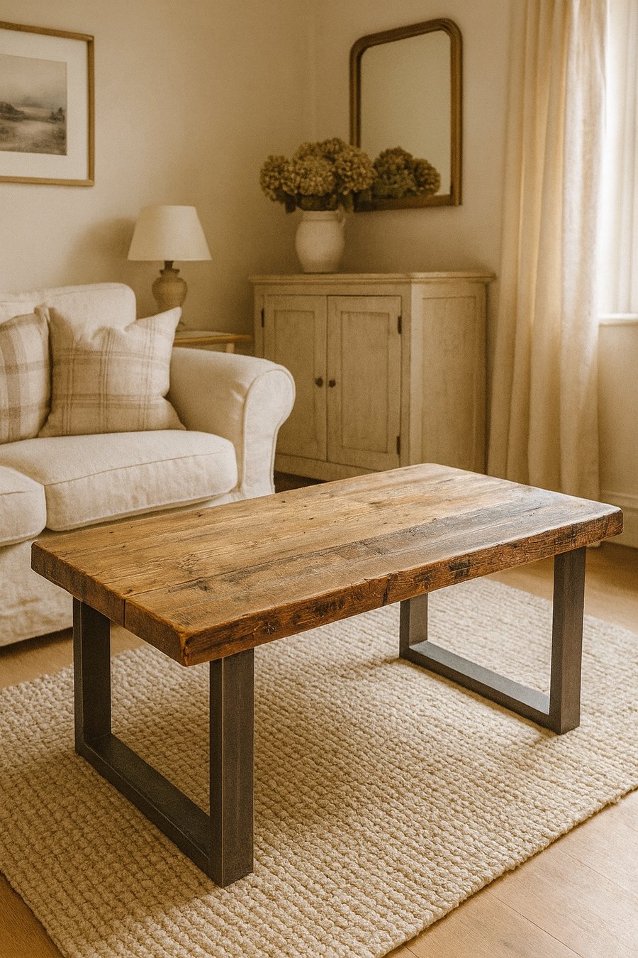 Handmade Rustic Solid Wood Coffee Table - Metal Square Framed Legs 