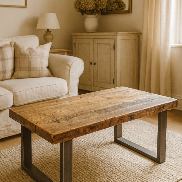 Handmade Rustic Solid Wood Coffee Table - Metal Square Framed Legs 