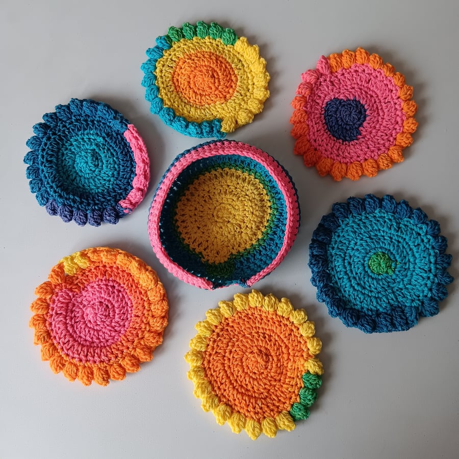 NOT AVAILABLE Crochet Coasters (Rainbow 3) - set of 6 plus holder