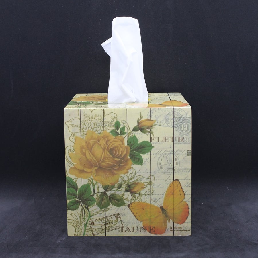 Handcrafted, decoupage, yellow roses themed tissue box cover