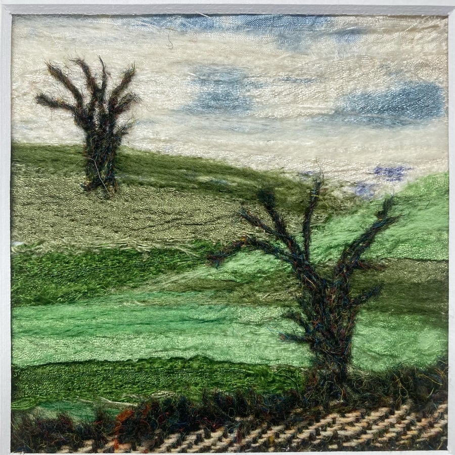 Seconds sunday -Silk textile art picture, out in the country, with 8" x 8" mount
