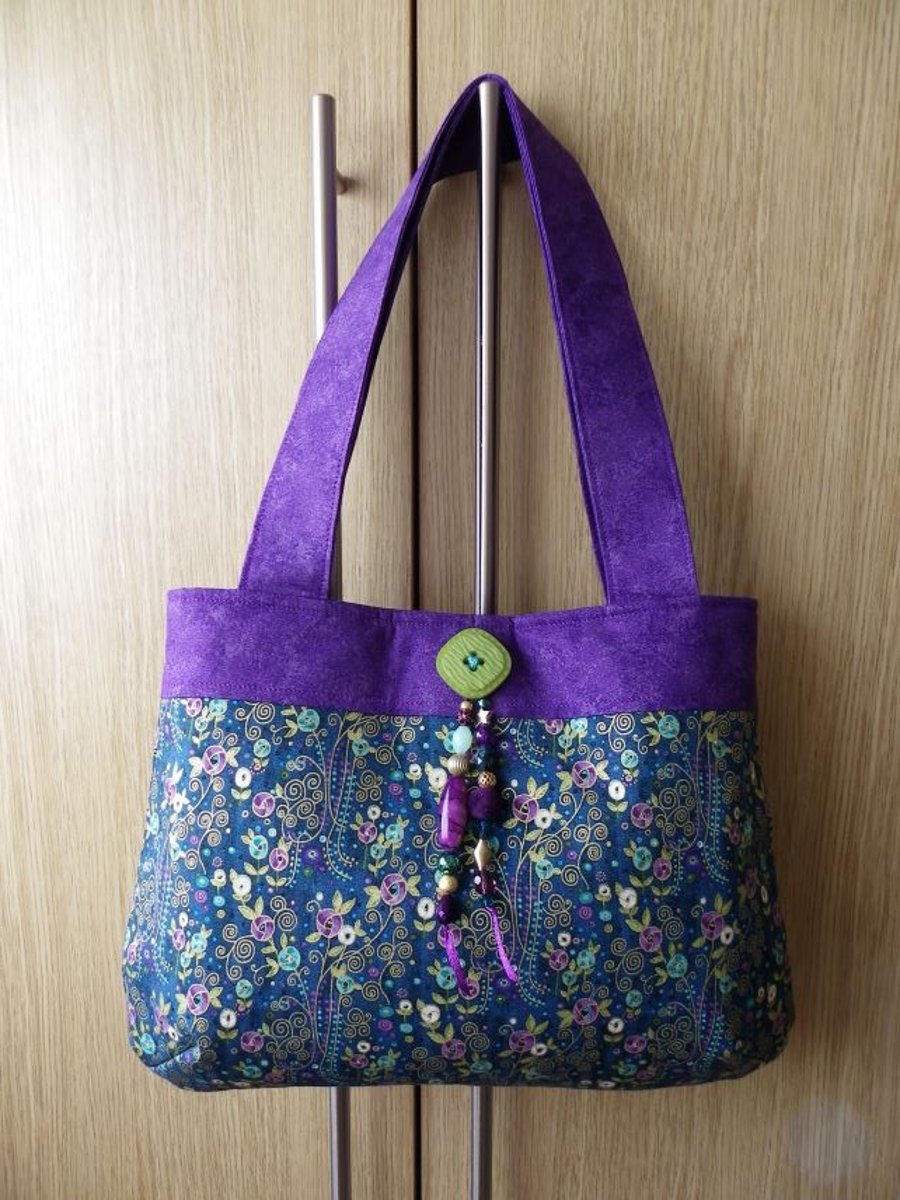 Macintosh Style Floral Print Handbag Teal & Purple