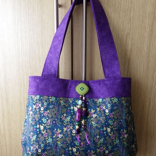SOLD - Mackintosh Style Floral Print Handbag Teal & Purple