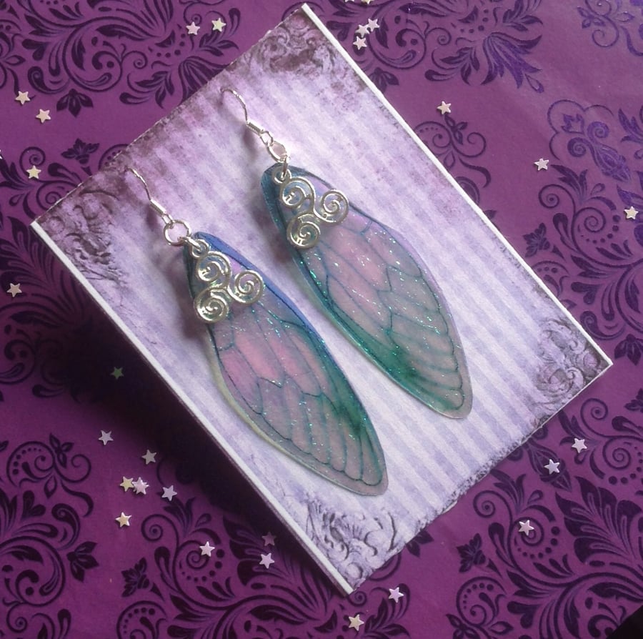 Aquamarine Triskelion Iridescent Large Fairy Wing Sterling Silver Earrings
