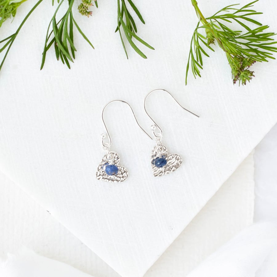 Blue Sapphire and Fine Silver Heart Earrings