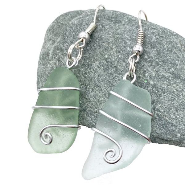 Sea Glass Earrings. Green Scottish Sterling Silver Wire Wrapped Celtic Jewellery