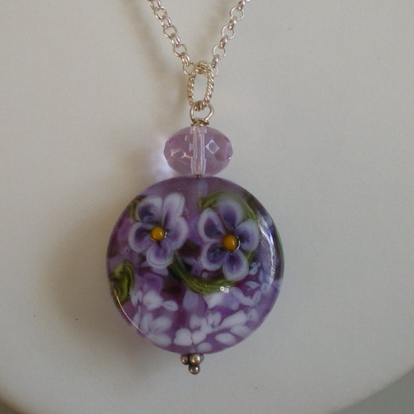  PANSY LAMPWORK NECKLACE - - FREE SHIPPING WORLDWIDE