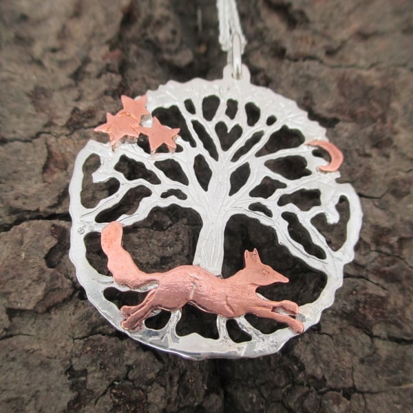 Running Fox Silver Tree of Life Pendant, Silver Necklace, Fox, Stars, Moon