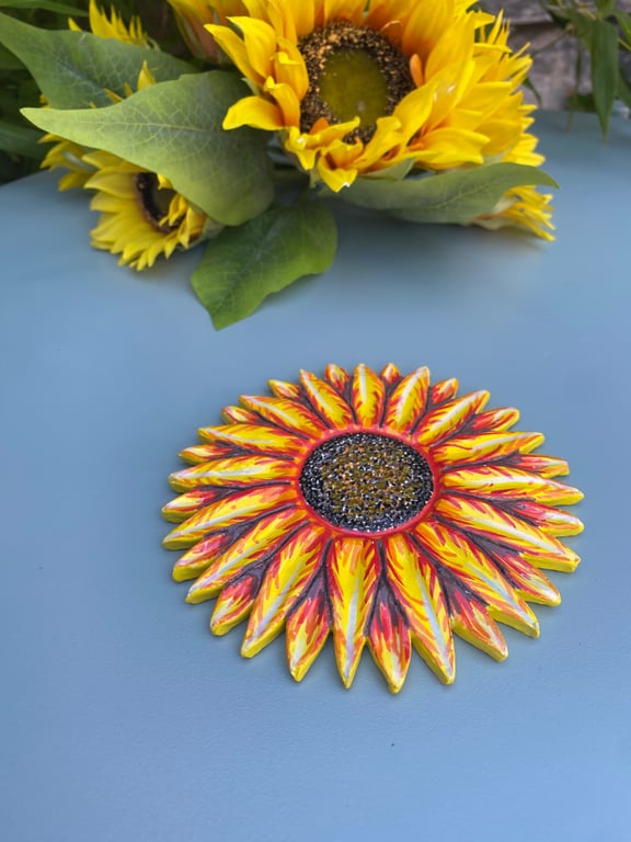 Handmade Sunflower clay coaster, colourful floral home decor