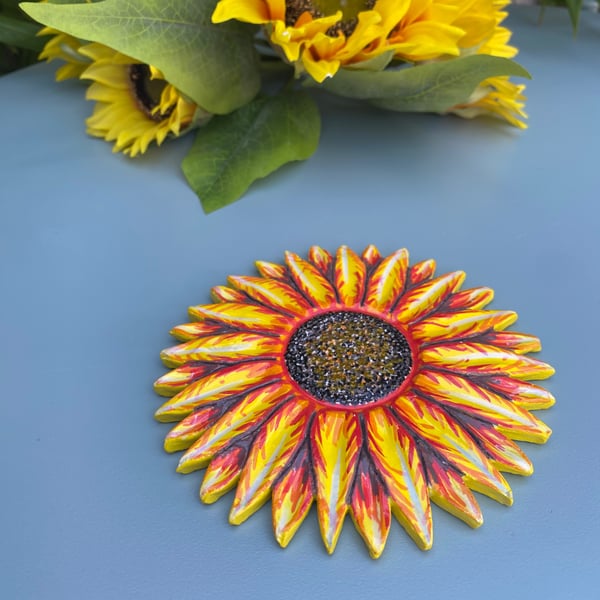 Handmade Sunflower clay coaster, colourful floral home decor