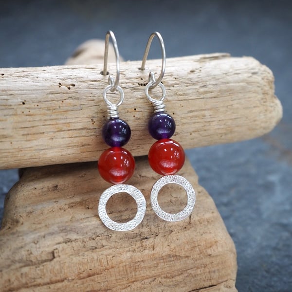 Carnelian and Amethyst Silver Hoop Earrings, Dangle Earrings