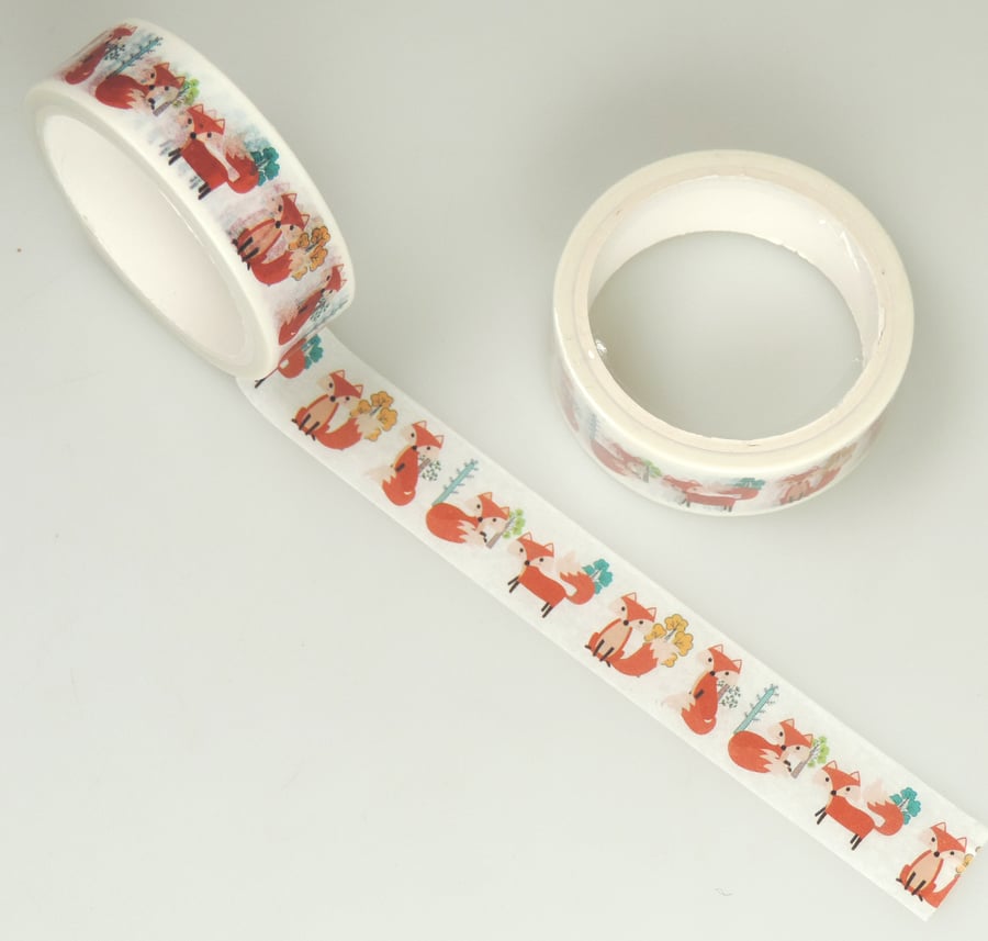 Red Fox pattern 15mm Washi Tape, 5m, Decorative Tape, Cards, Journals,