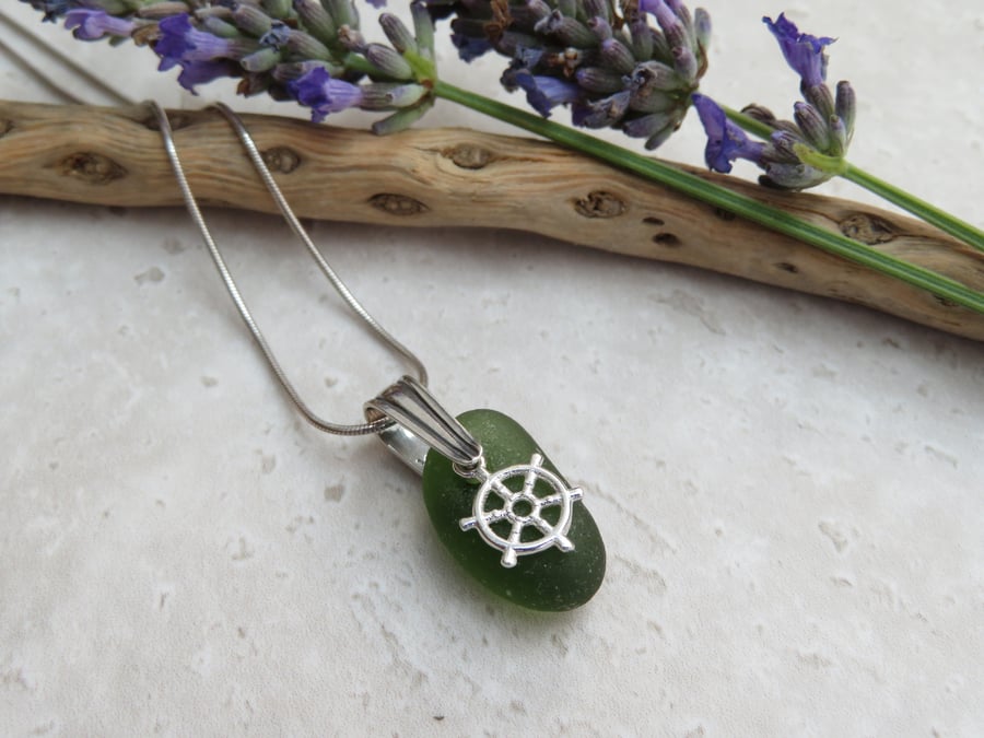Ocean Tumbled Green Sea Glass Necklace with Silver Ship Wheel Charm