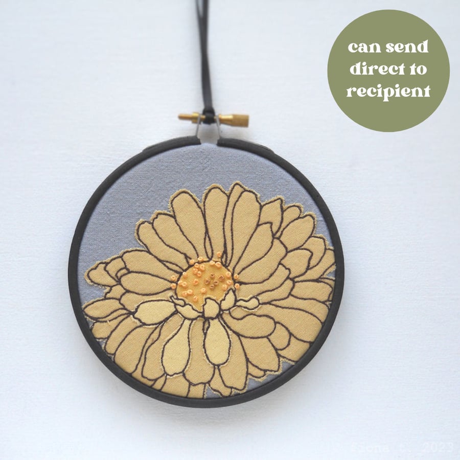 free motion and hand embroidered floral textile hoop original art yellow
