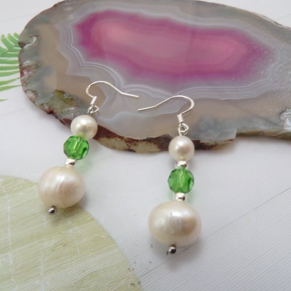 Pair of Silver Earrings. Freshwater Pearls & Czech Peridot Crystal Round.