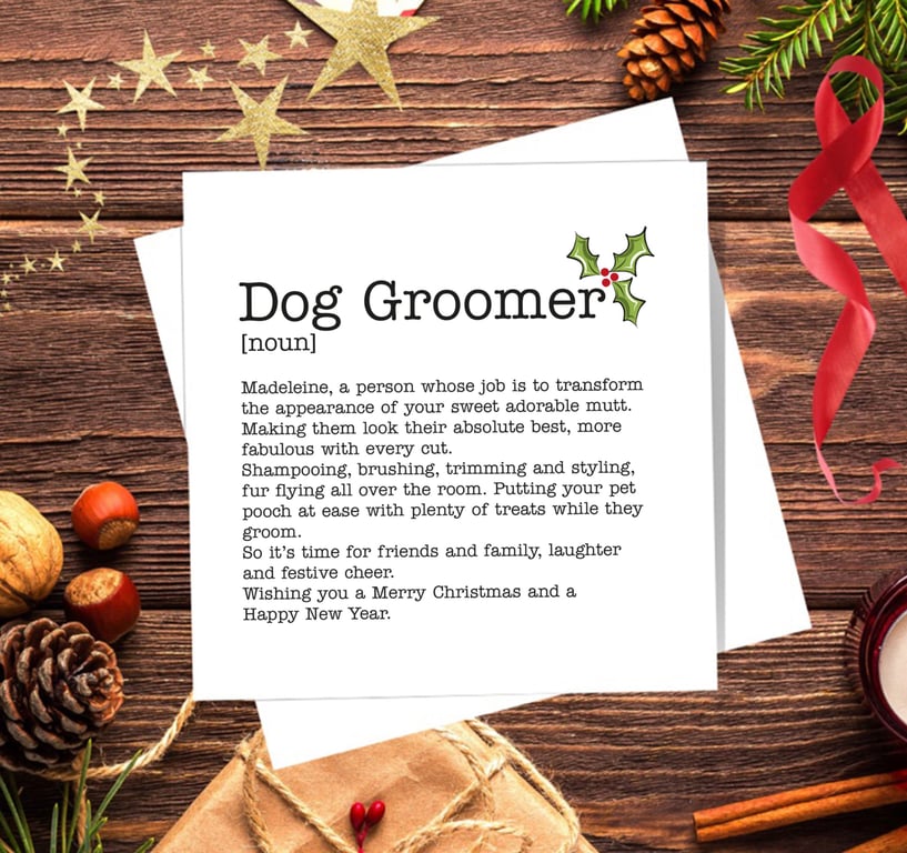Dog Groomer Definition Christmas Card, personalised, blank inside