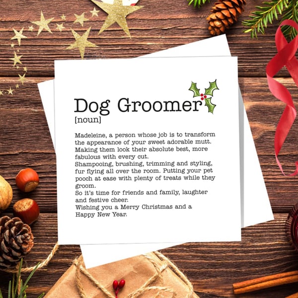 Dog Groomer Definition Christmas Card, personalised, blank inside
