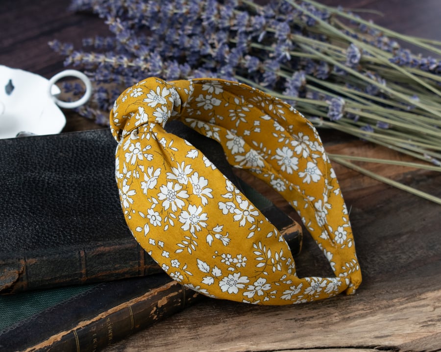 Liberty Headband for Women, Girls - Yellow Ochre Top Knot Headband
