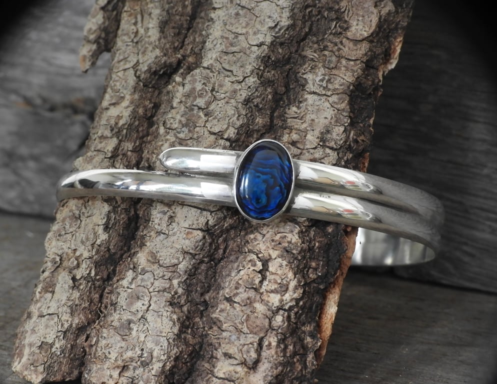 Sterling silver double-band armlet set with deep blue abalone