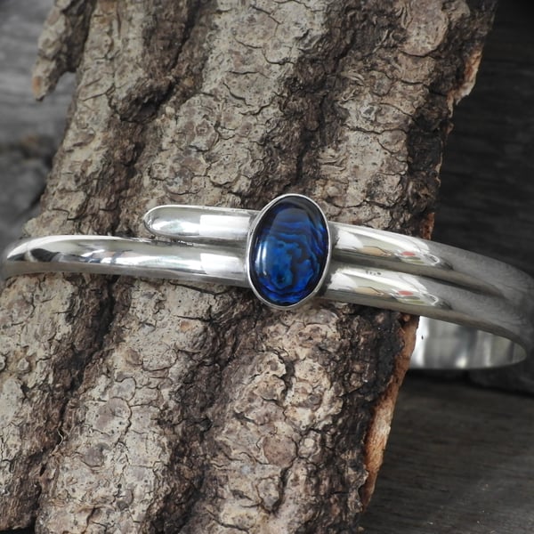 Sterling silver double-band armlet set with deep blue abalone