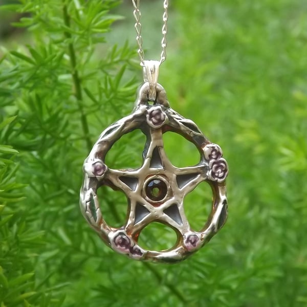 Sterling Silver Pentacle with Roses and Smoky Quartz Pendant Necklace.