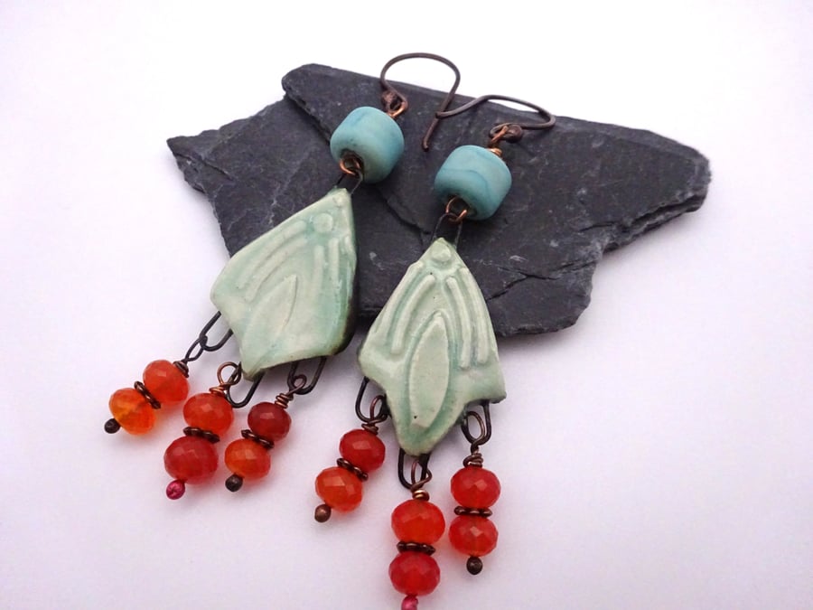 lampwork glass, ceramic and carnelian gemstone earrings