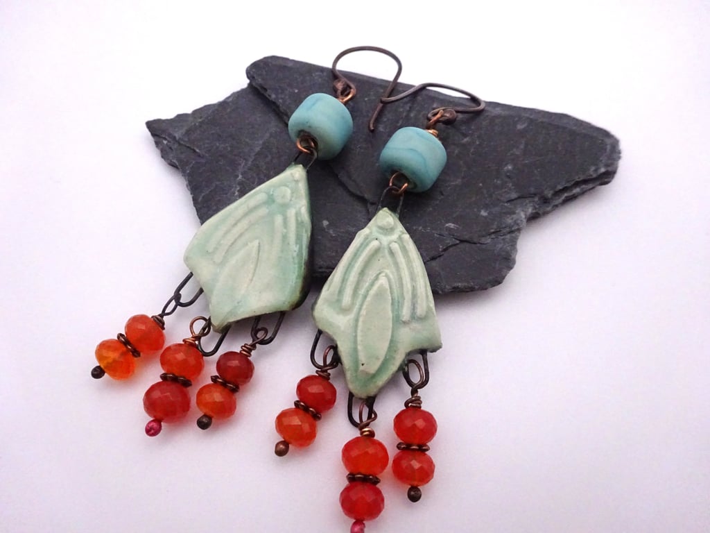 lampwork glass, ceramic and carnelian gemstone earrings