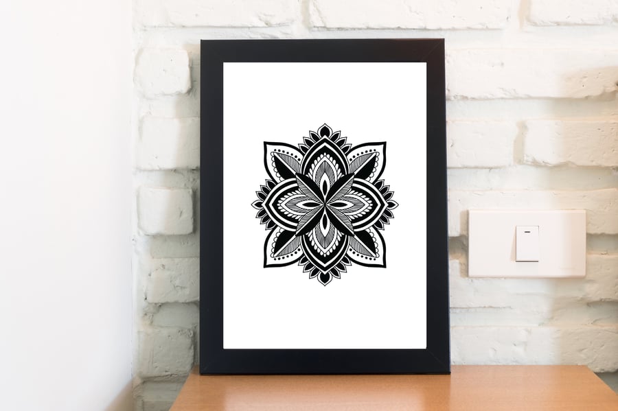 Black and White Mandala Inspired Print, Geometric Pattern, Abstract Mandala, Med