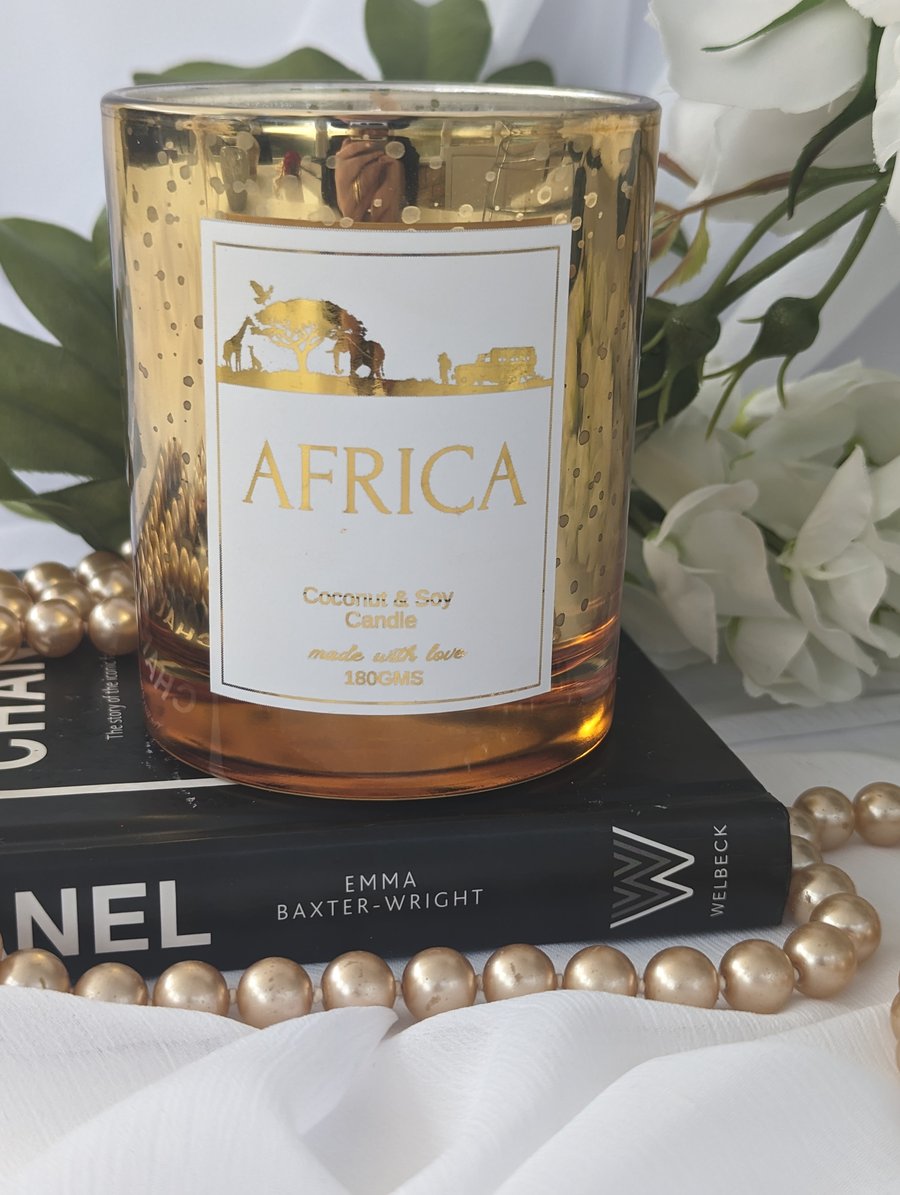Africa Luxury Destination Candle, Tonka Bean & Myrrh, Gold Sparkle Container
