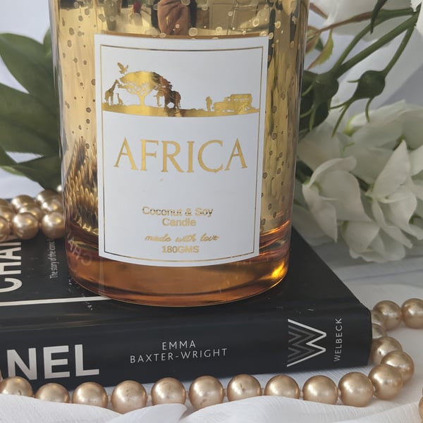 Africa Luxury Destination Candle, Tonka Bean & Myrrh, Gold Sparkle Container