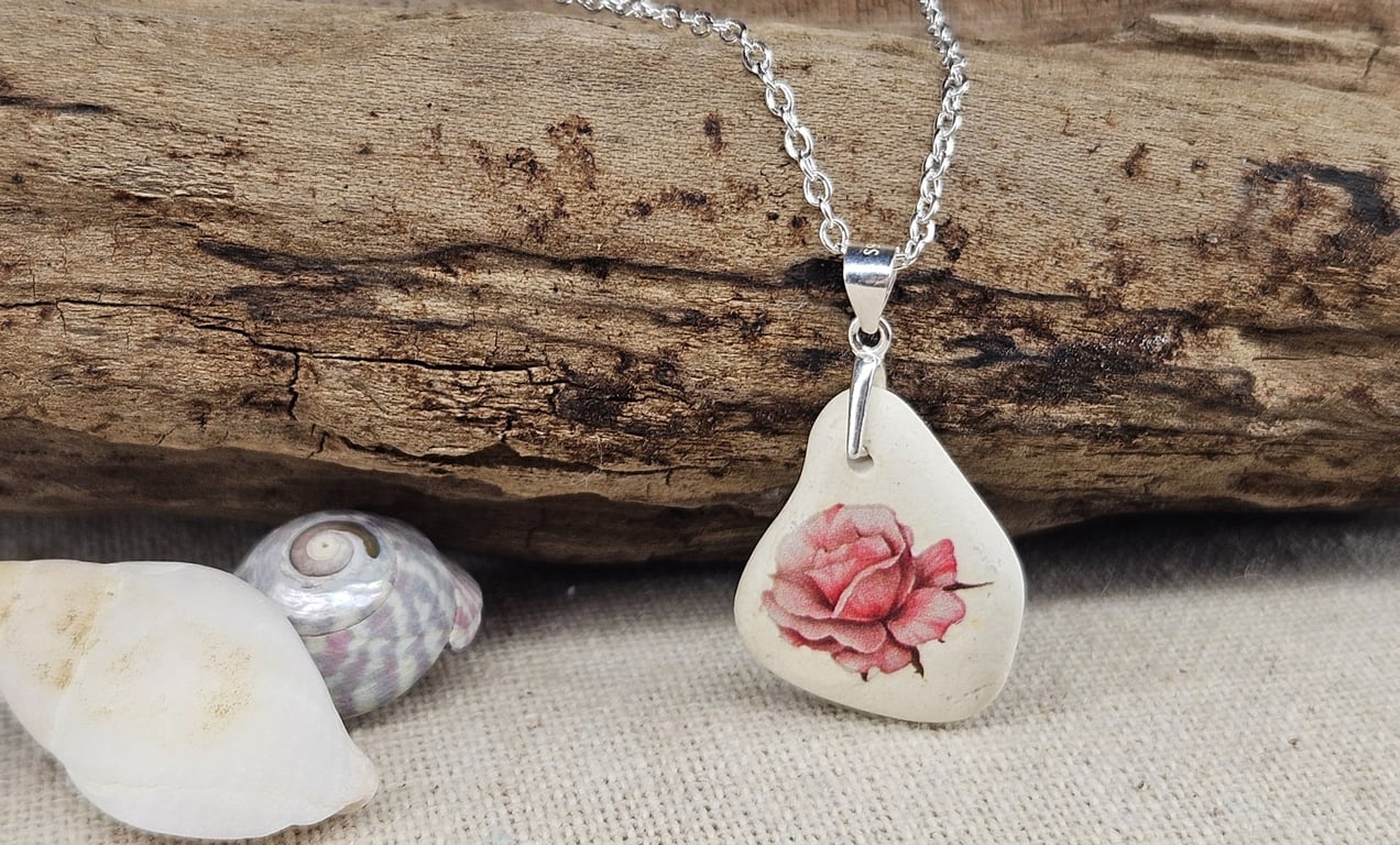 Sterling Silver Rose Sea Pottery Necklace - Coastal Floral Jewellery