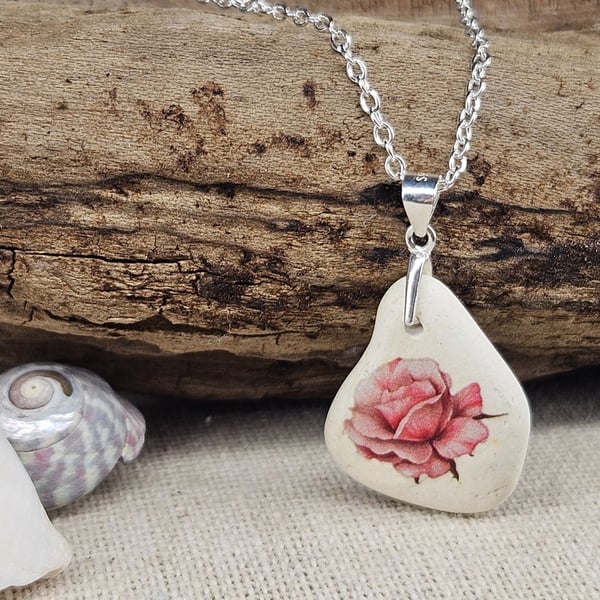 Sterling Silver Rose Sea Pottery Necklace - Coastal Floral Jewellery