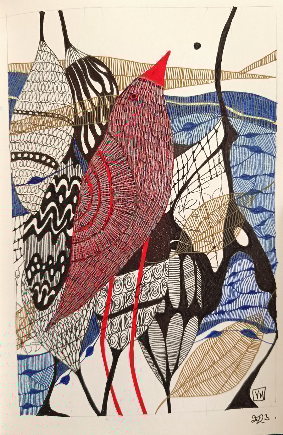 Red symphony Original artwork, ink contemporary illustration on paper, framed