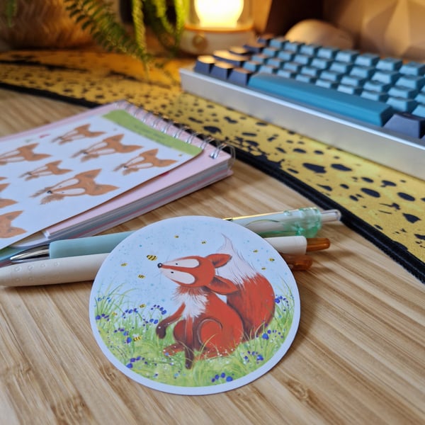 Cute Fox and Bee's in Bluebells sticker - 8cm vinyl Matte sticker 