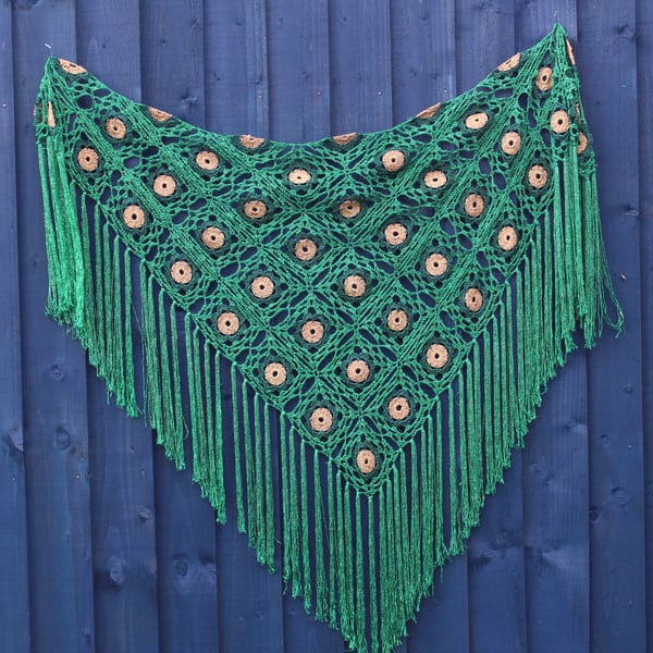 Crochet triangular shawl in sparkly gold, dark green and emerald - design LF433