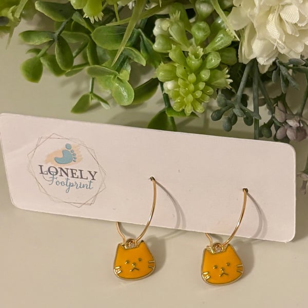 Yellow Enamel Cat Hoop Earrings, Charm Earrings, Handmade Jewellery 