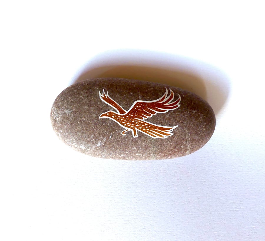 Copper Eagle Stone, Handpainted Rose Gold Bird Ornament, Gift for Bird Lover Art