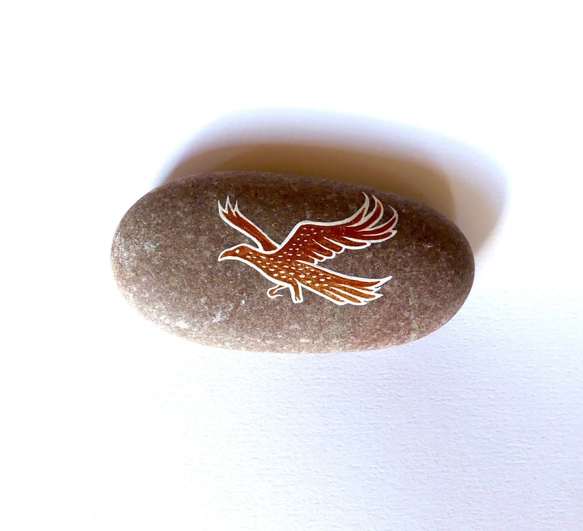 Copper Eagle Stone, Handpainted Rose Gold Bird Ornament, Gift for Bird Lover Art