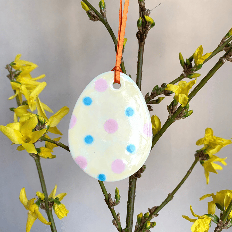 Easter Egg Porcelain Hanging Decoration - Yellow with Blue & Pink dots