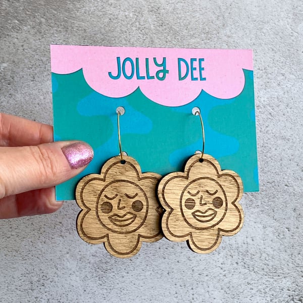 Happy face engraved wooden flower earrings, unique gifts for plant mums for her