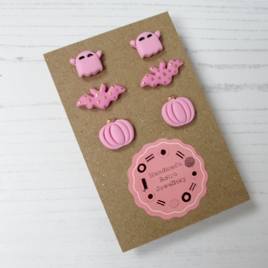 Pink and gold themed Halloween set of stud earrings
