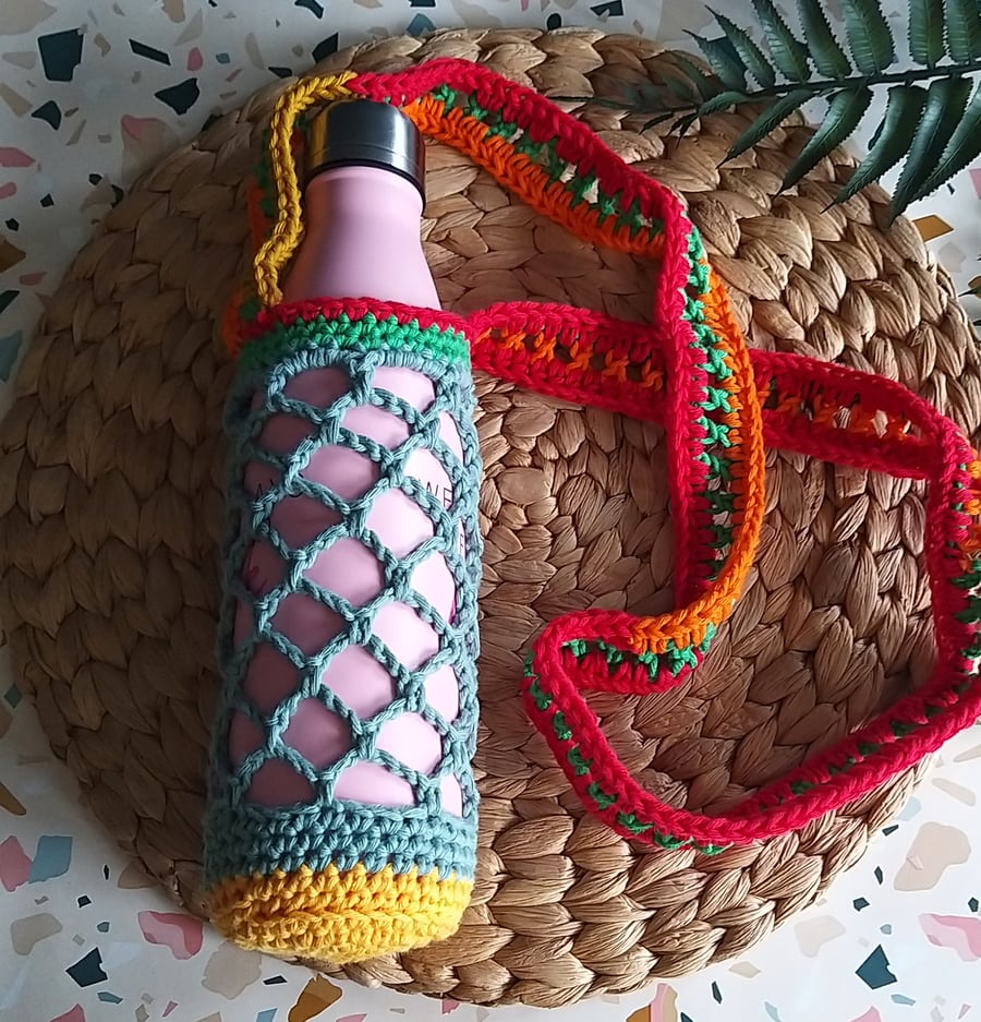 Crochet Cotton Water Bottle Holder Carrier Happy Scrappy 