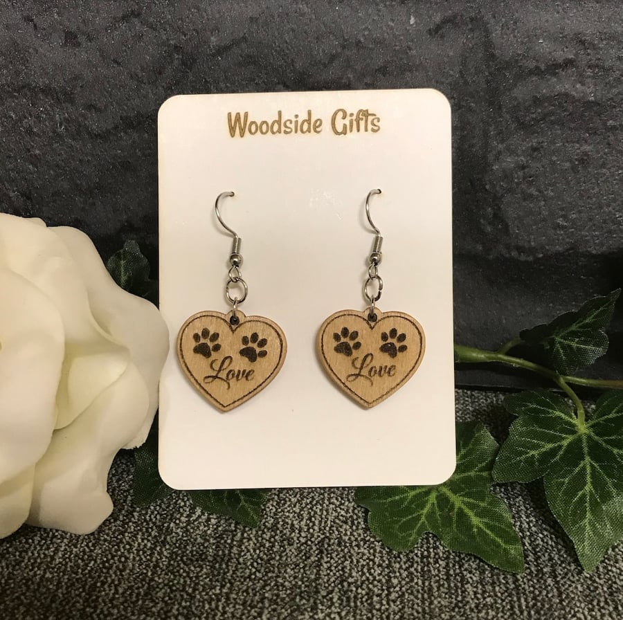 Hanging earrings Paws in hearts- Hand made wooden hanging earrings 